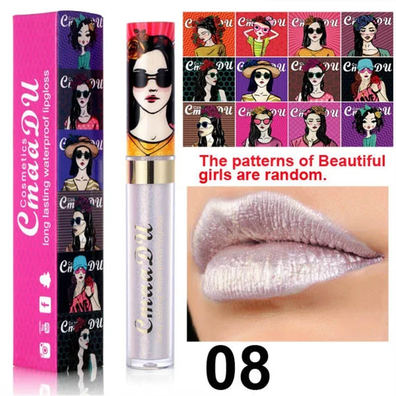 Cmaadu shimmer lip gloss beauty girl diamond glitter lip tint waterproof long lasting 12 color gold flash liquid lipstick makeup HIP 08