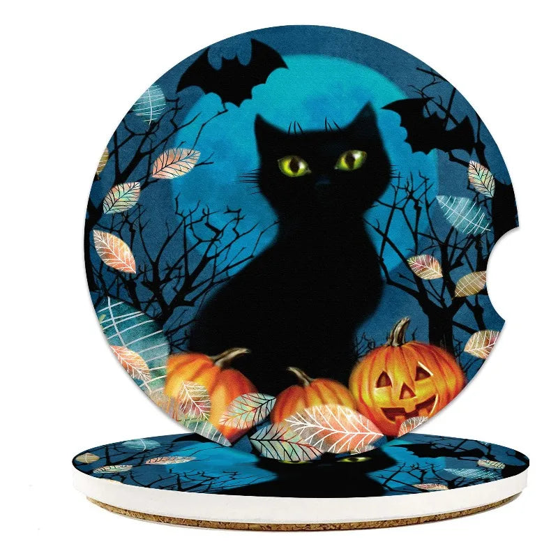 Halloween Car Cup Holder Coasters 2-Pack – Bat & Black Cat Car Cup Coasters HIP 2pcs Cork ceramics