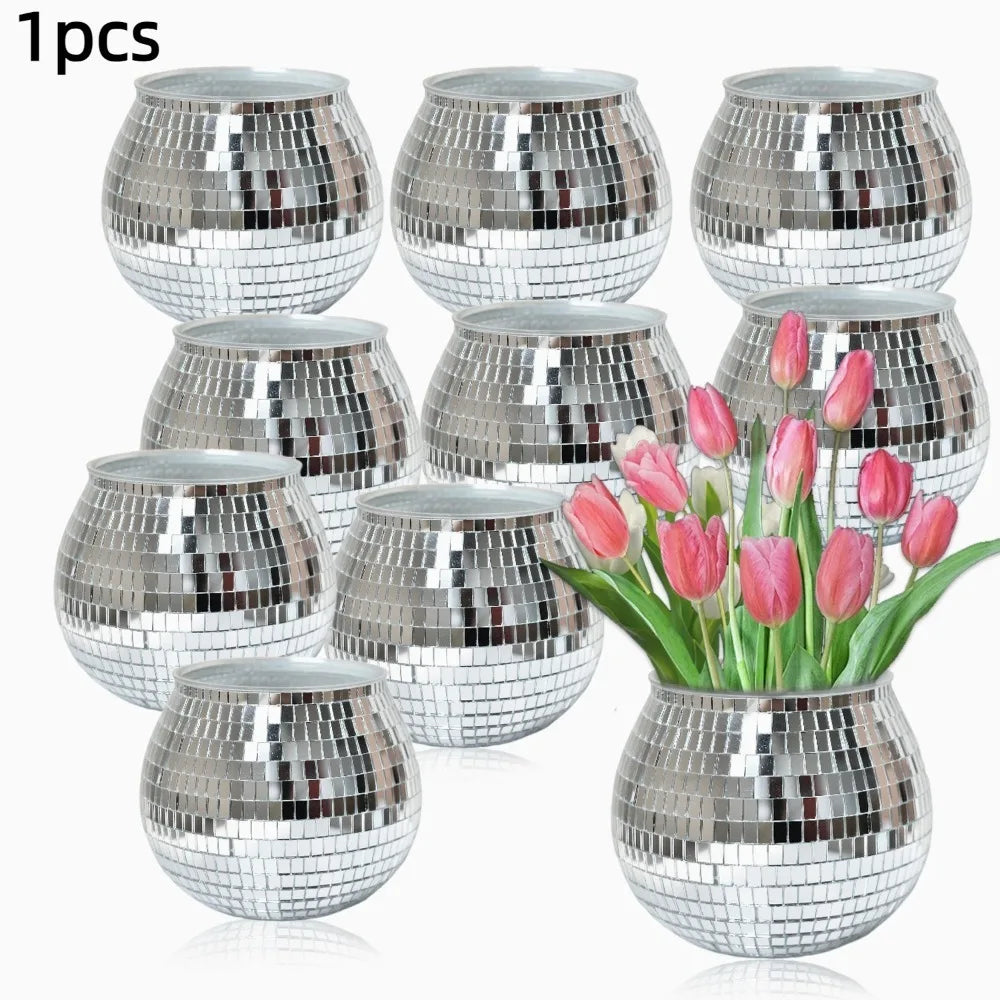 Disco Ball Flower Pot – Silver Mirror Planter Vase for Home Decorative Planter Vase HIP