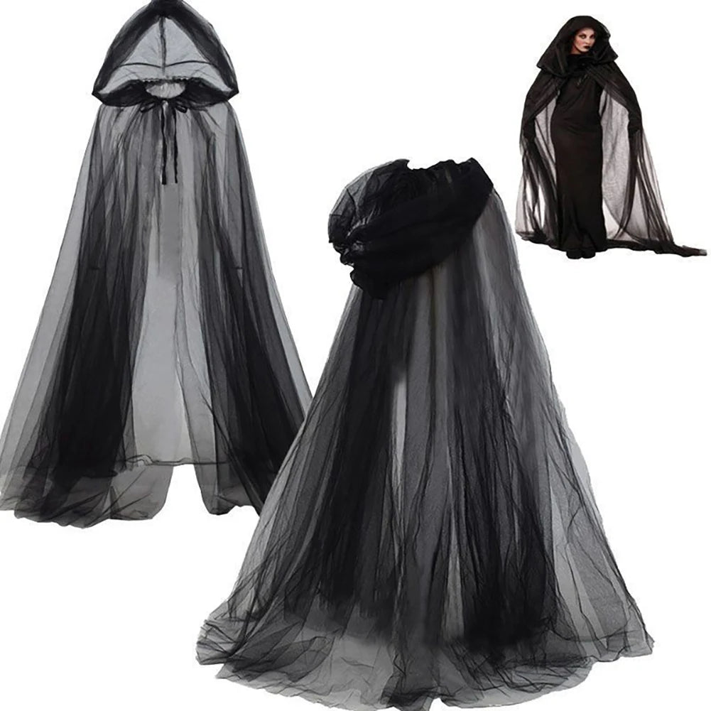 1Pc Halloween Grim Reaper Cloak with Hood Gothic Victorian Witch Costume Long Cape Sheer Mesh Elegant Gothic Party Cosplay Ghost HIP