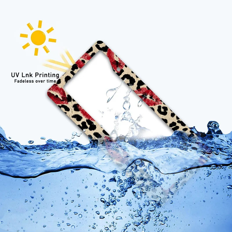 Metal License Plate Frame – Leopard Print & Red Lips Gold Tone License Plate Frame HIP