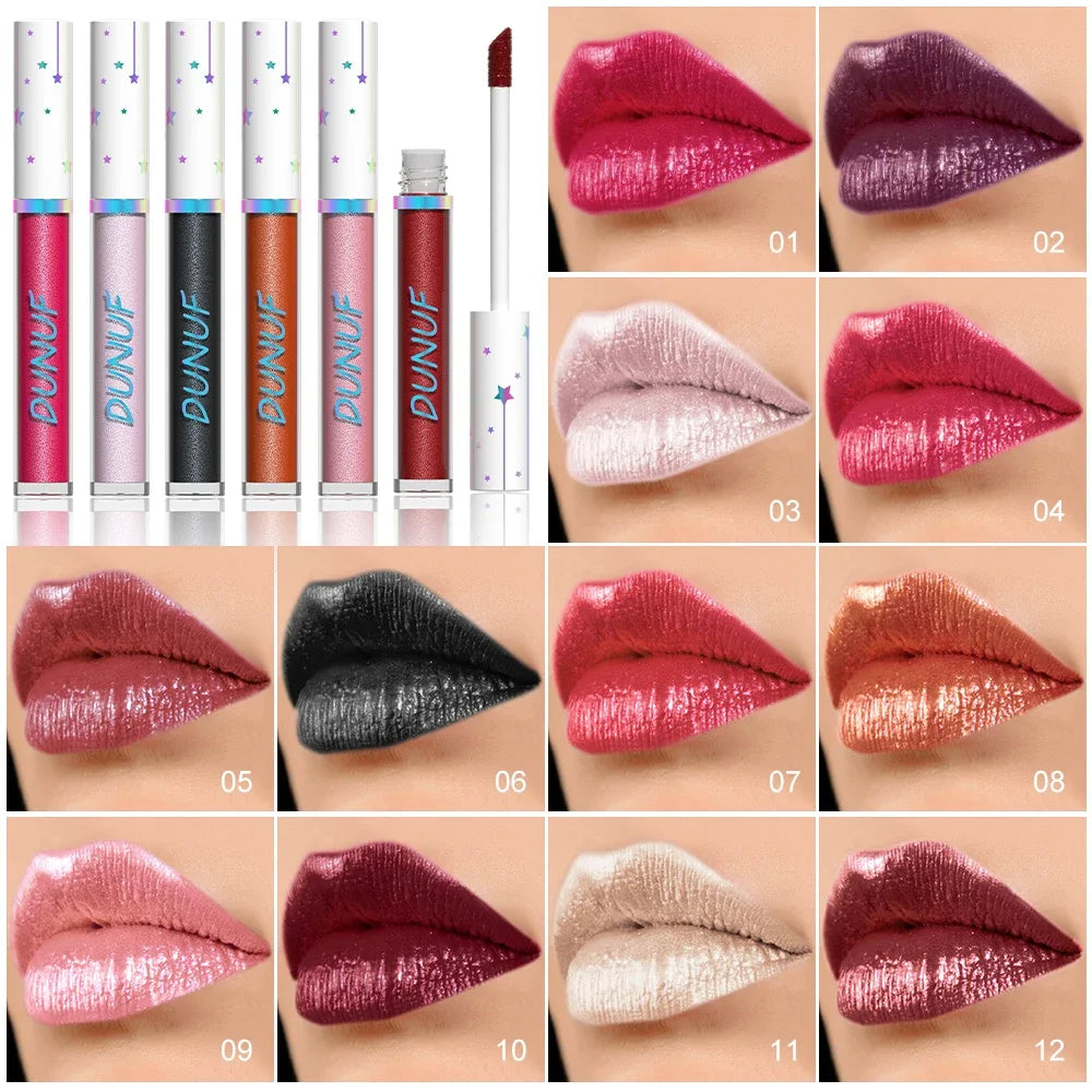 DUNUF Diamond Shimmer Lip Gloss – 12 Colors, Waterproof Shimmer Lip Gloss HIP