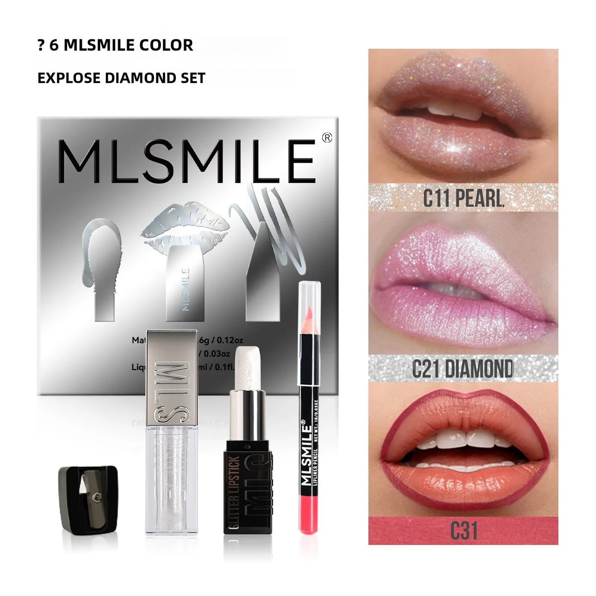 MLSMILE Diamond Lip Gloss, Matte Liner & Lipstick Kit Lip Makeup Kit HIP