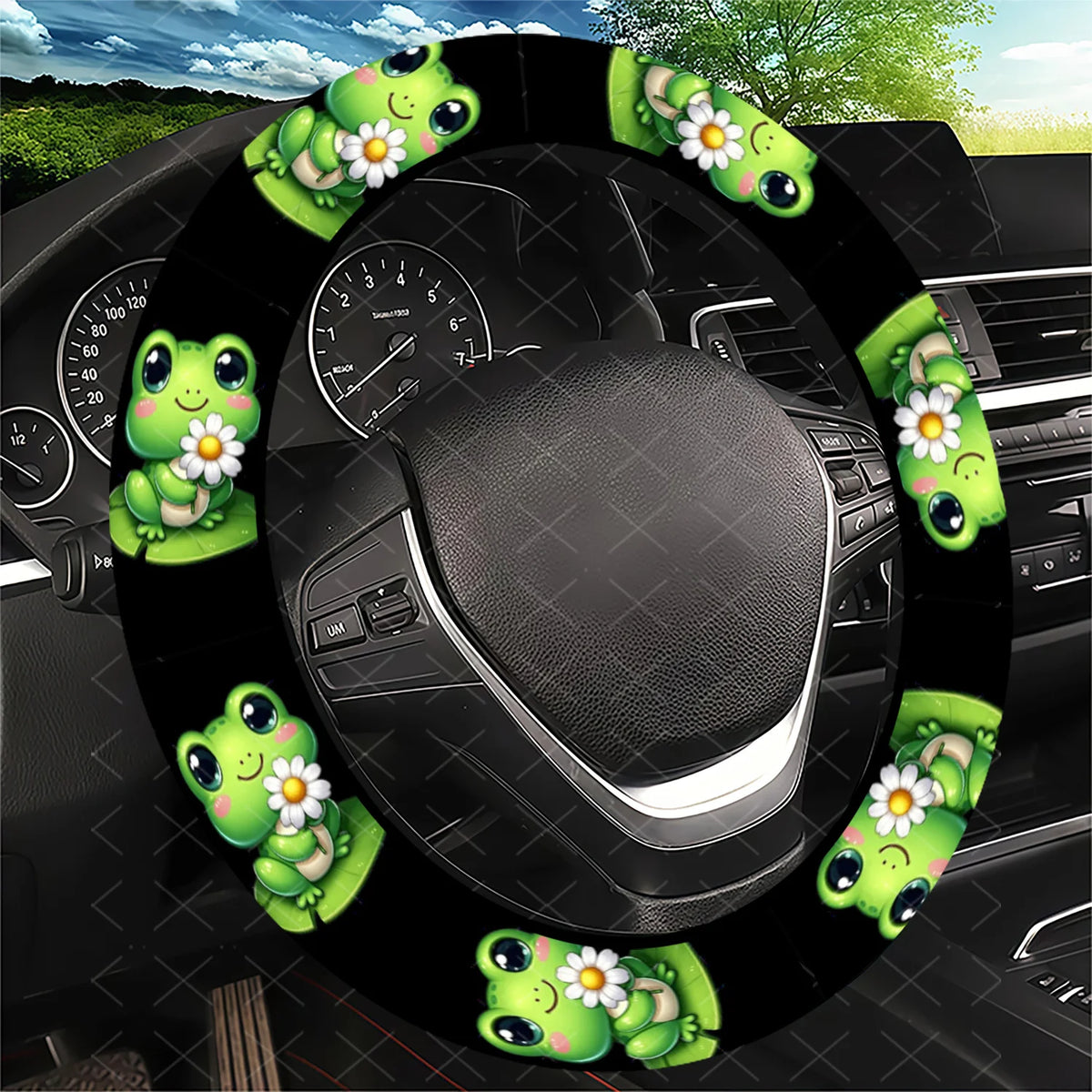 Cute Frog & Daisy Steering Wheel Cover – Easy Install Steering Wheel Cover HIP black