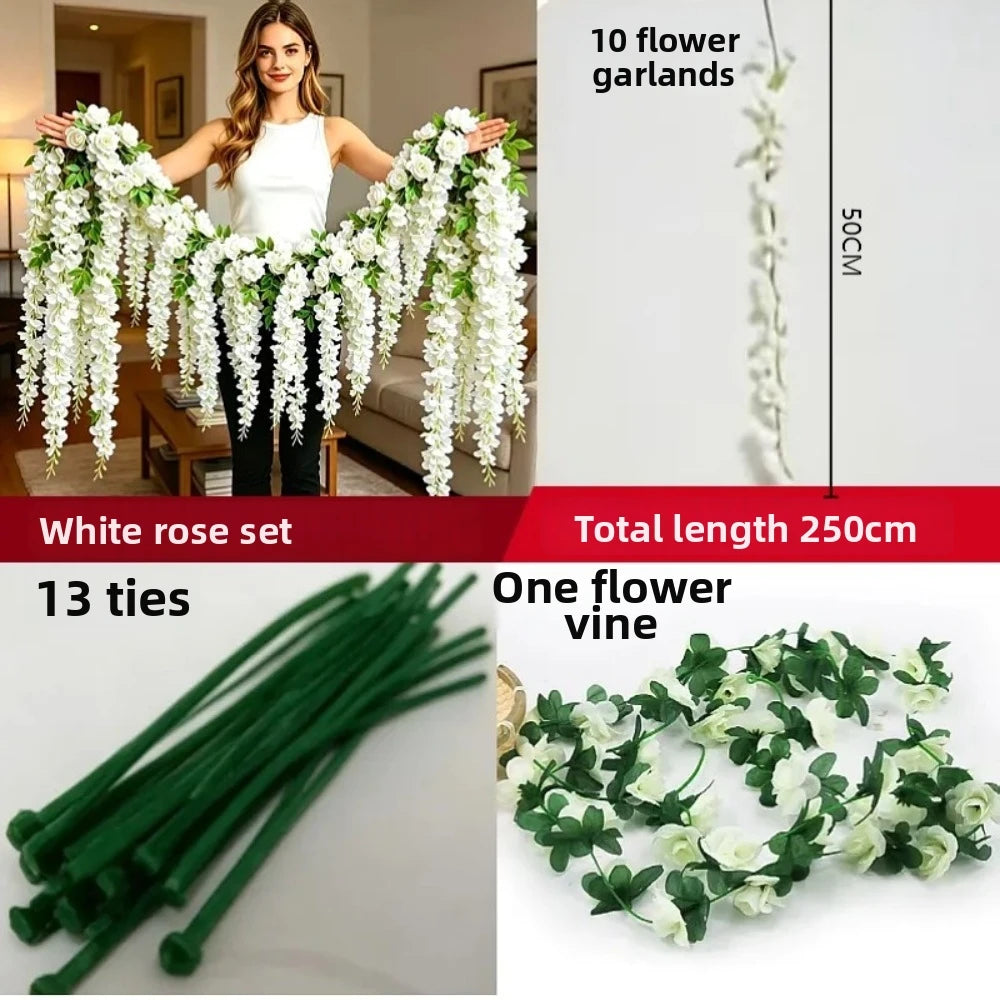 250cm Artificial White Rose Vine Garland | Faux Flower Wall Decor Artificial Flower Garland HIP