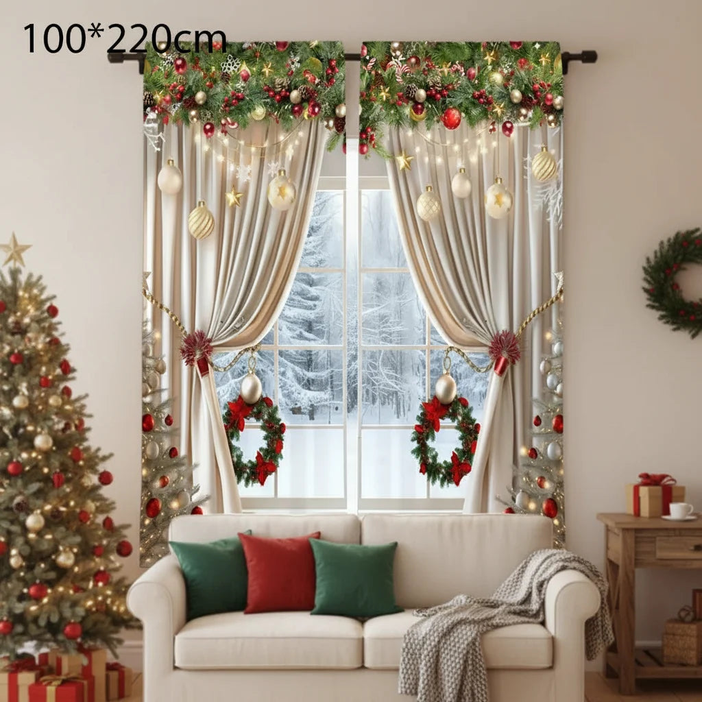 2pcs Xmas Ornament Holly Curtains Light Filtering Decor Polyester Xmas Holiday Window Home Living Bedroom Rod Pocket HIP