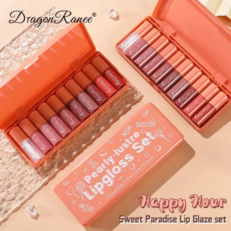 Dragon Ranee 10-Pc Pearlescent Liquid Lip Gloss Set – Waterproof Lip Gloss Set HIP