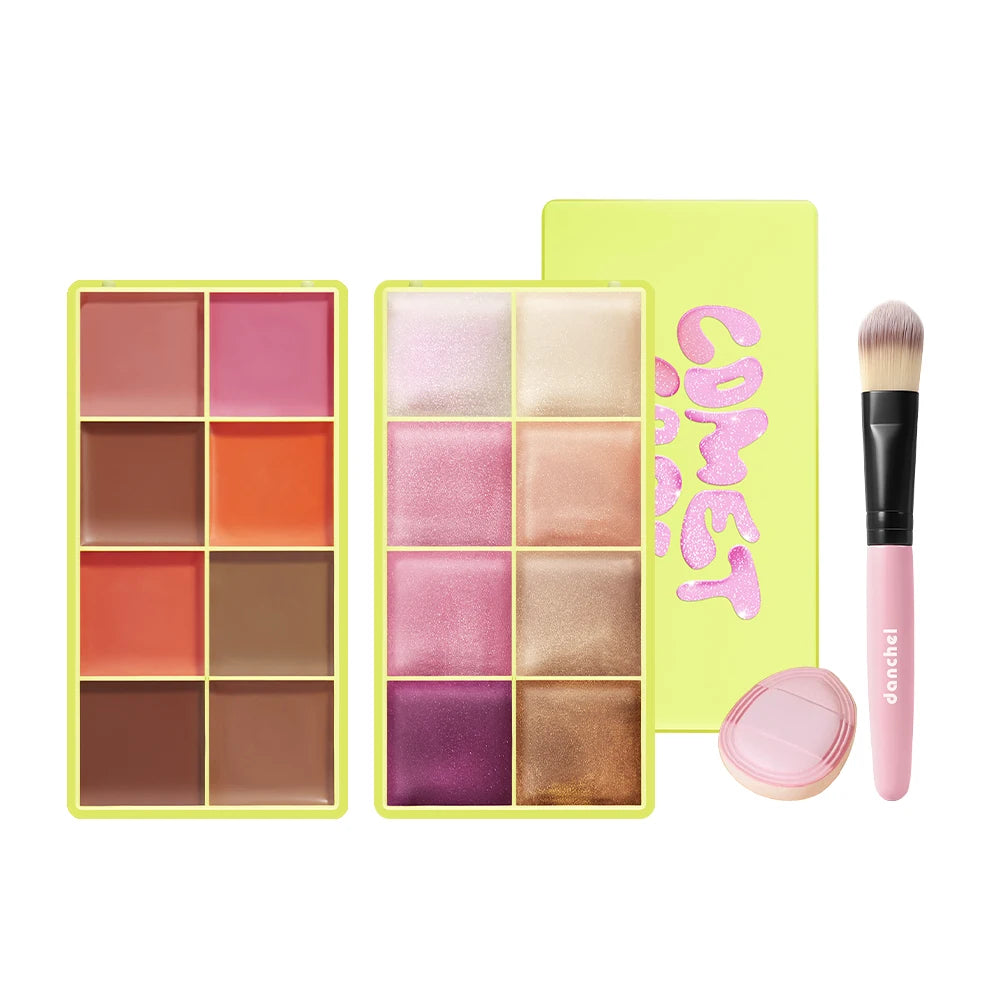 4Pcs 16Color Cream Eyeshadow Palette Set With Makeup Brush Sponge Puff Multi-functional Matte Shimmer Eye Face Makeup Cosmetic HIP