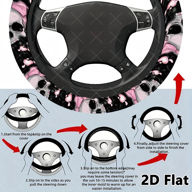Skull & Pink Bow Steering Wheel Cover – Gothic Universal Fit Steering Wheel Cover HIP