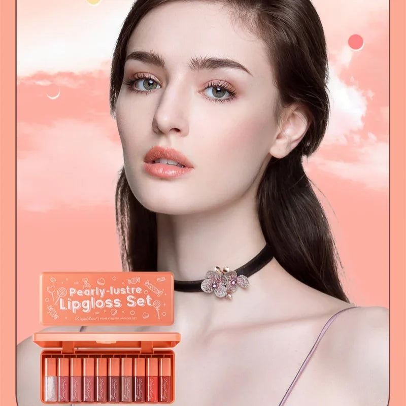 Dragon Ranee 10-Pc Pearlescent Liquid Lip Gloss Set – Waterproof Lip Gloss Set HIP