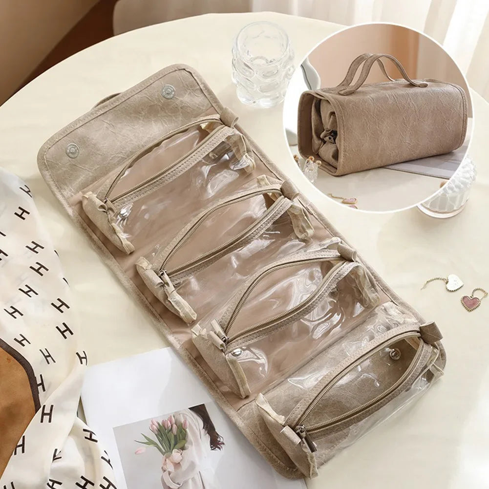 PU Leather Travel Cosmetic Bag Large Capacity Foldable Design Makeup Organizer Bag Waterproof Material Portable Makeup Case HIP Brown