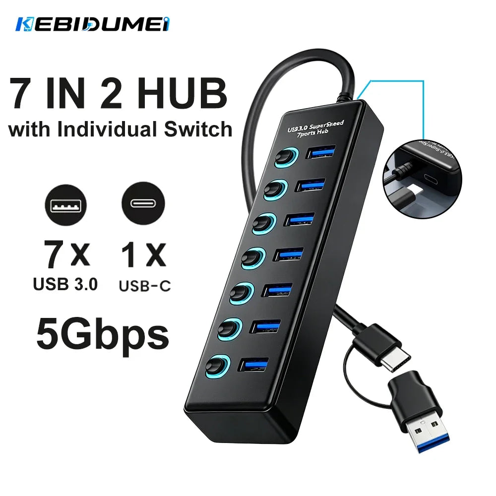 KEBIDUMEI 7-Port USB 3.0 Hub | Individual Switches & USB-C USB Hub HIP