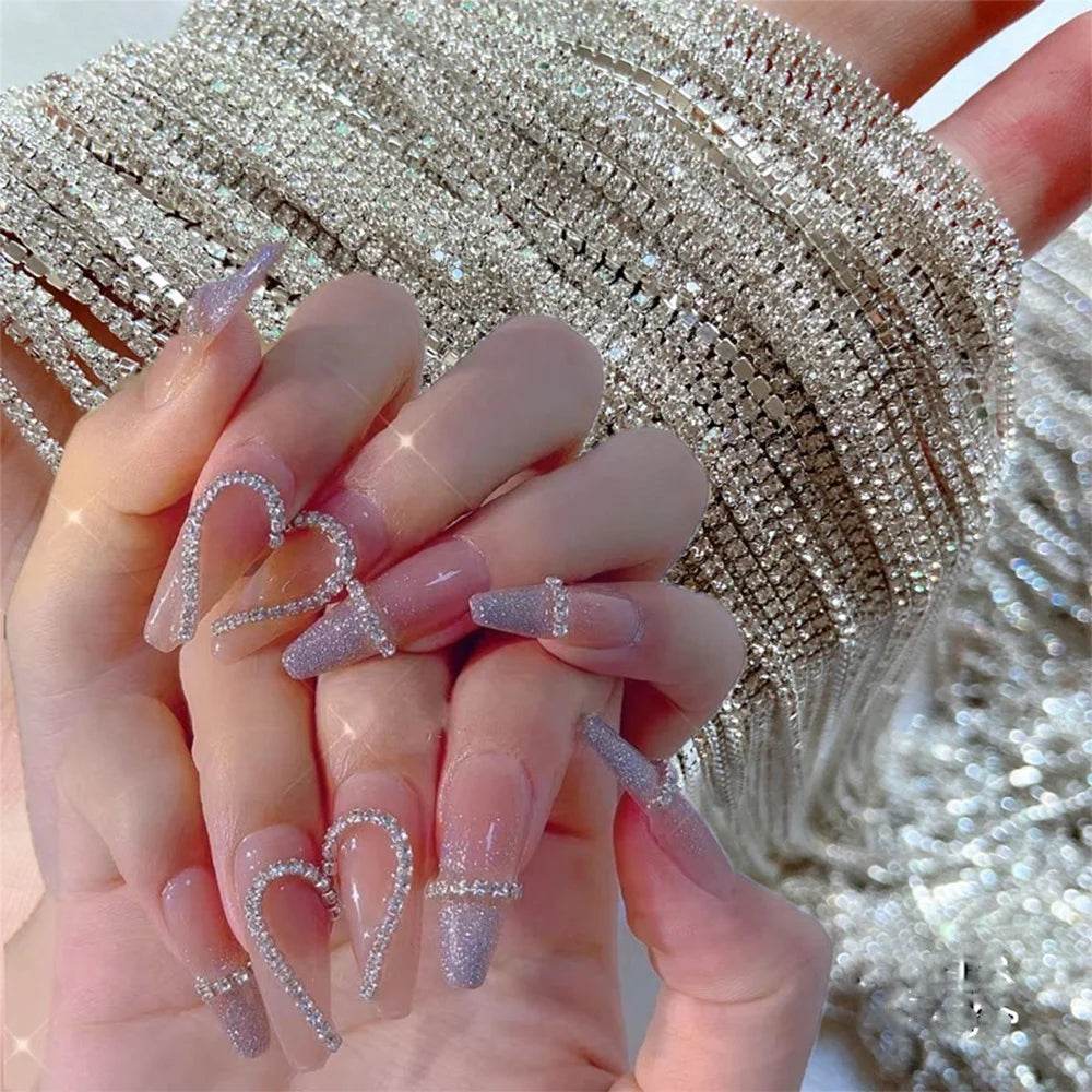100cm Long Luxury Crystal Chain Nail Charms 1.5/2mm Shinying Clear/AB Diamond Nail Art Metal Steel French Manicure Crystal HIP