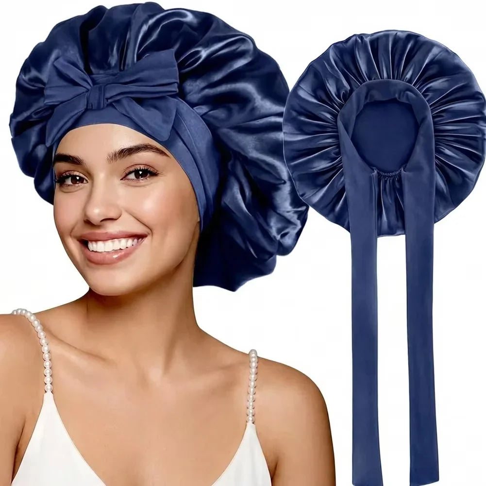 Universal Bathing Hair Head Cover Reusable Wide Brim Hair Protection Hat with Stretchy Tie Band Satin Sleeping Bonnet Shower Cap HIP Dark Blue