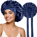 Universal Bathing Hair Head Cover Reusable Wide Brim Hair Protection Hat with Stretchy Tie Band Satin Sleeping Bonnet Shower Cap HIP Dark Blue