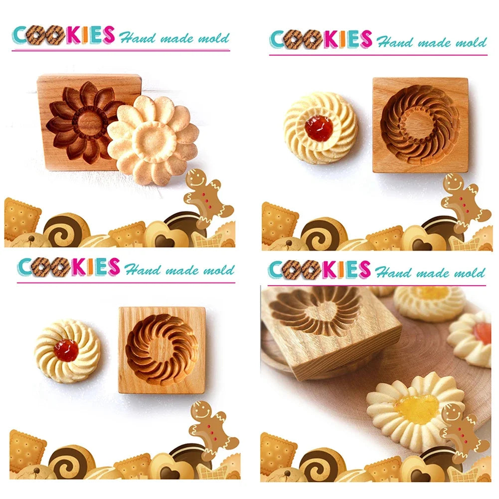 1PC Wooden Cookie Molds with Variety Patterns, 3D DIY Carved Embossed Cookie Cutter Moulds for Baking, Fondant Cake Biscuit HIP