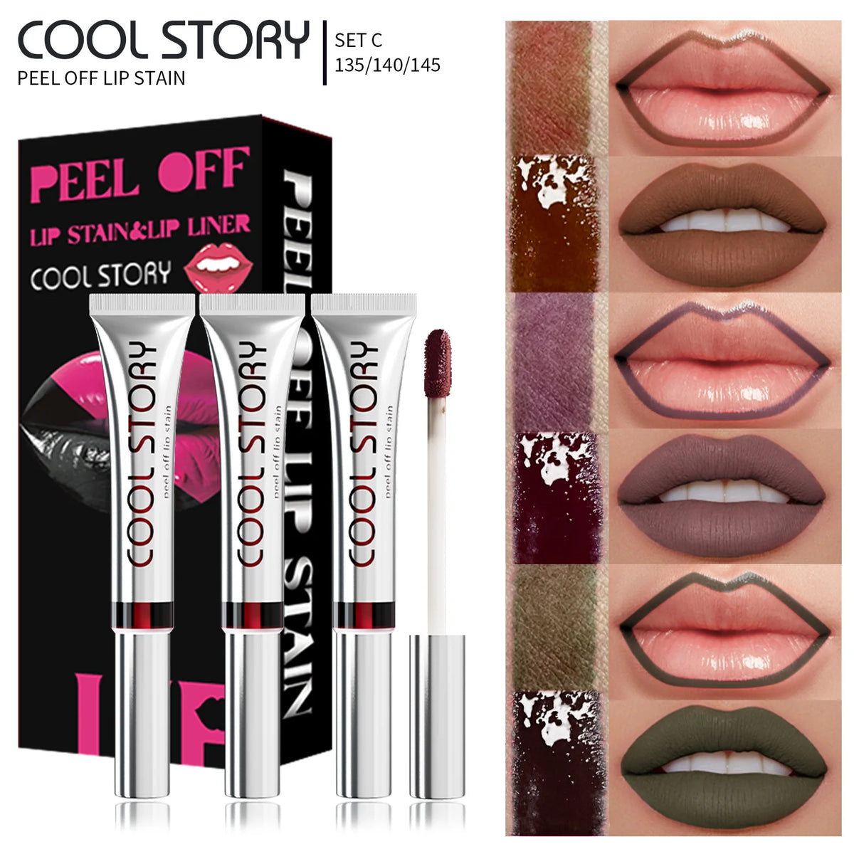 1pc Dark Brown Lip Liner Tattoo Peel Off Lipgloss Matte Lip Tint Contour Stain Waterproof Lasting Tear-off Lipstick Cosmetic HIP C Set-3PCS