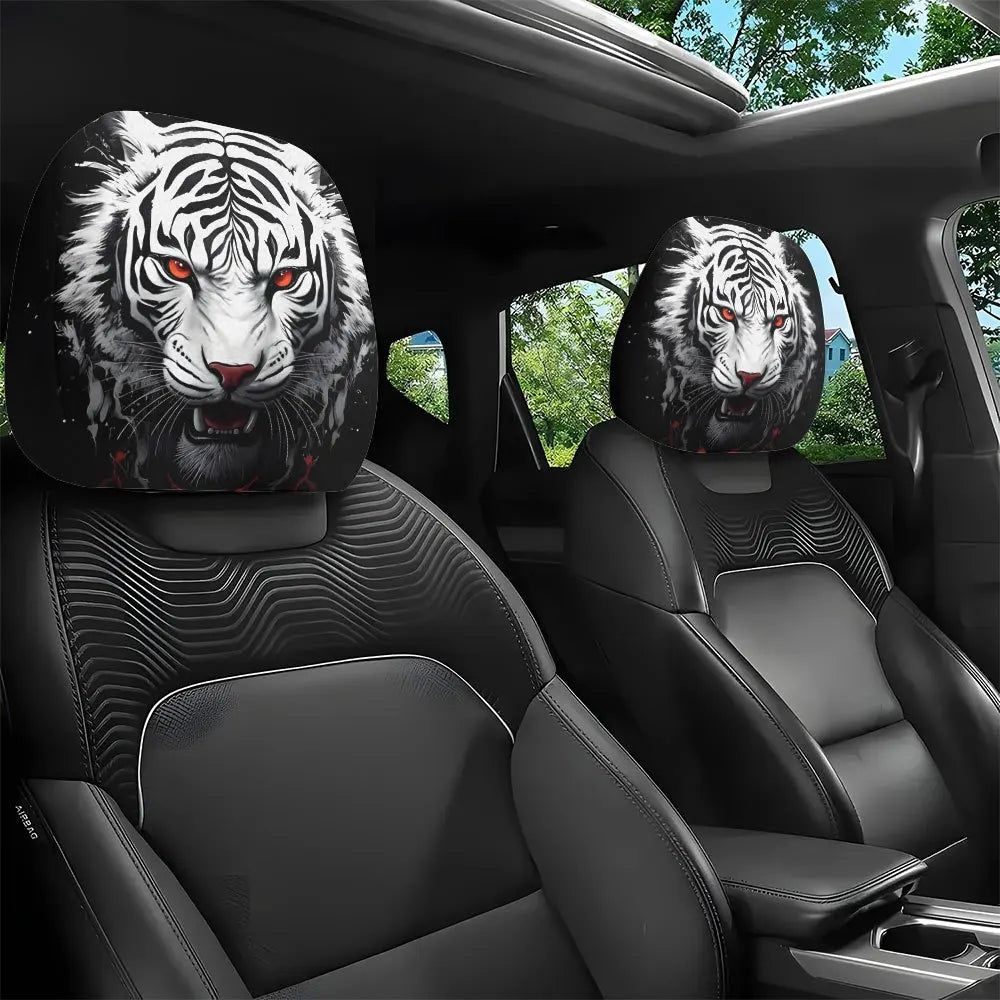 2-Pack White Tiger Print Car Headrest Covers | Easy Fit Car Headrest Cover HIP