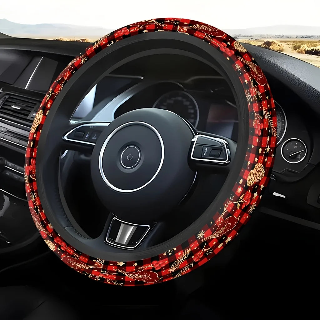 Christmas Plaid Bird & Pinecone Car Steering Wheel Cover Steering Wheel Cover HIP