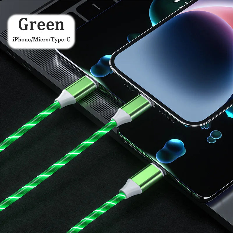 3-in-1 LED Glowing Charging Cable – USB-C Micro USB Lightning LED Charging Cable HIP green 1.2m