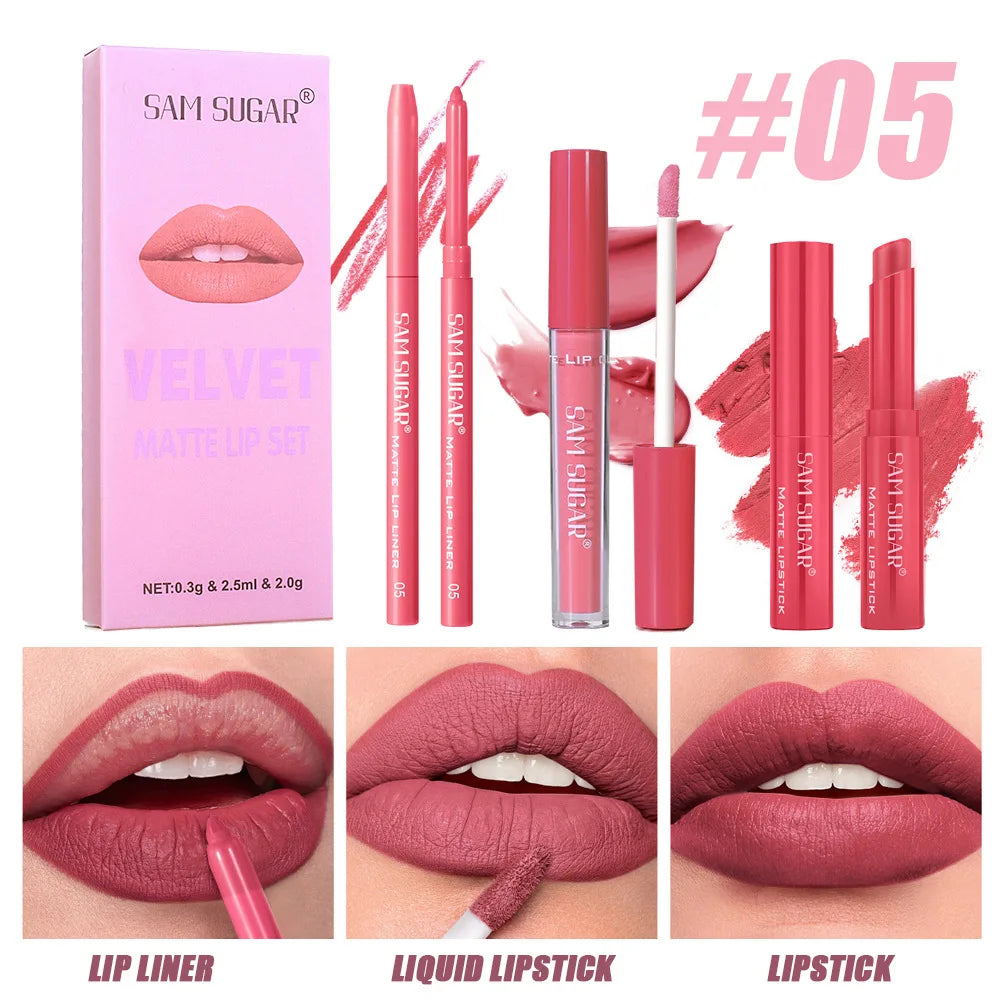 SAM SUGAR 3-in-1 Matte Lip Kit – Liner, Gloss & Lipstick Lip Makeup Kit HIP 05 Full Size