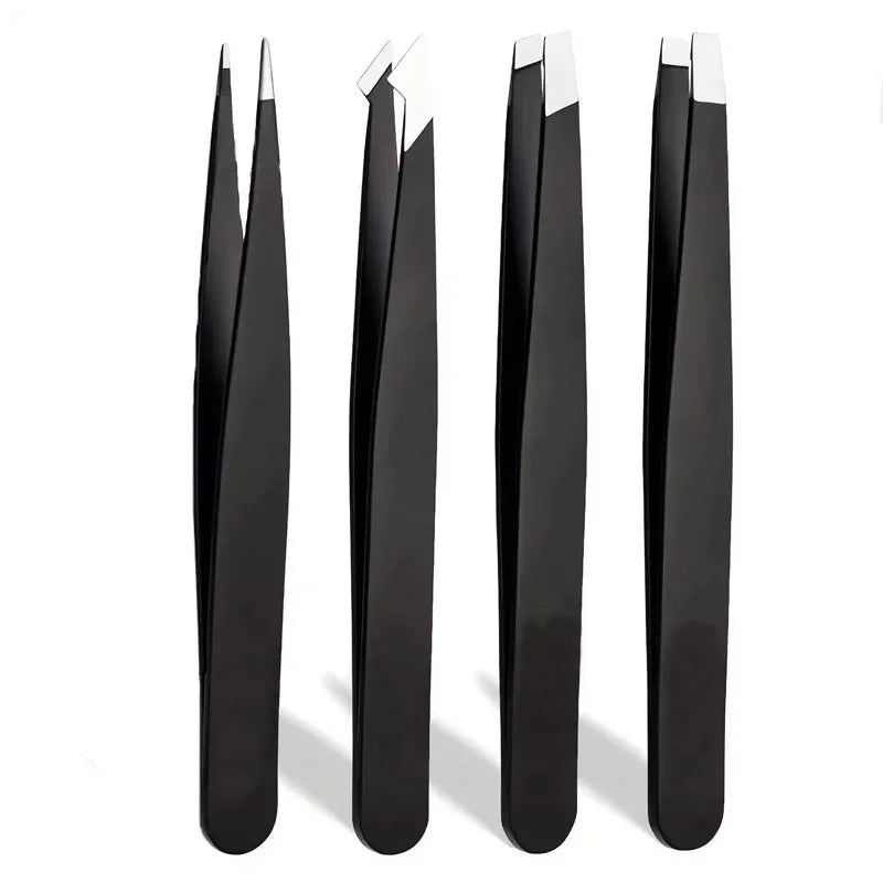 4-Piece Precision Stainless Steel Tweezers – Eyebrow & Facial Precision Tweezers Set HIP C518-black 4pcs