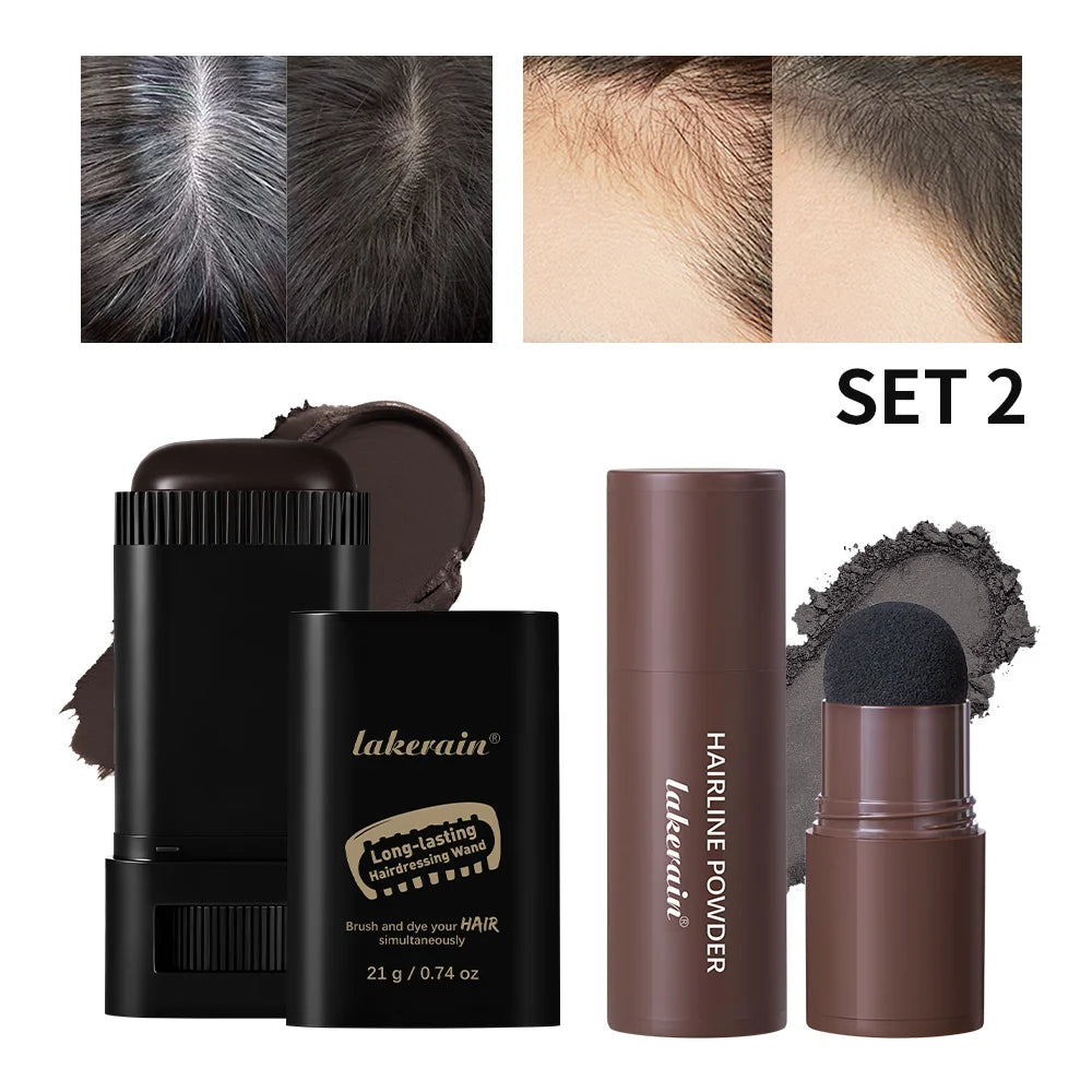 2pcs Waterproof Hairline & Quick Touch-Up Hair Stick Root Concealer Pen Instant Grey Coverage with Easy Blend Powder Stick Set HIP set 2