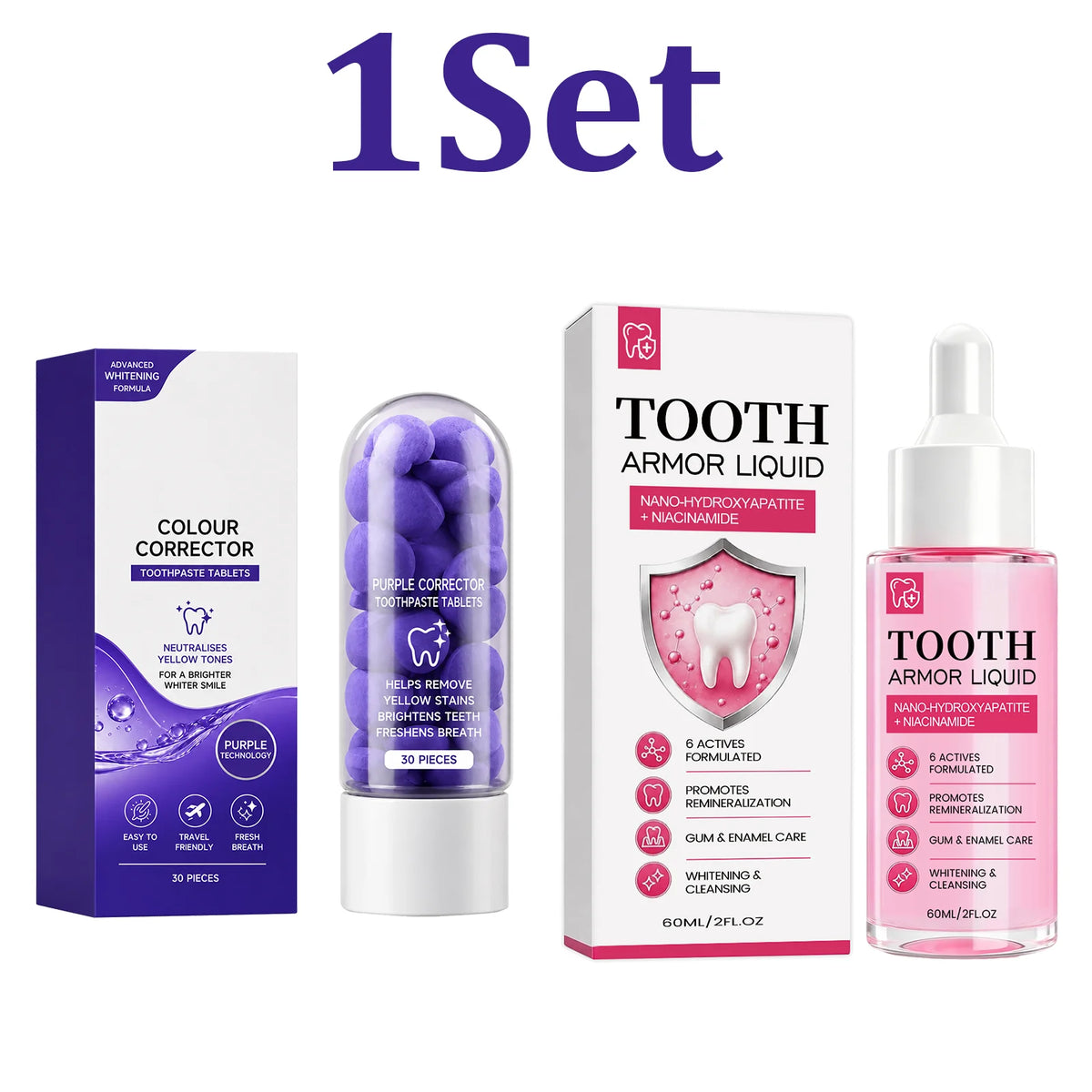 Purple Toothpaste Tablets & Enamel Serum Kit – Brightening Oral Care Oral Care Kit HIP 1 Set