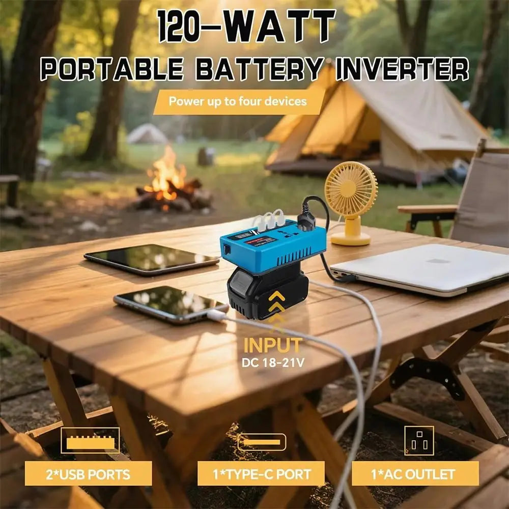 120W Battery Inverter 18V–21V to 220V AC with USB & Type-C Power Battery Inverter HIP