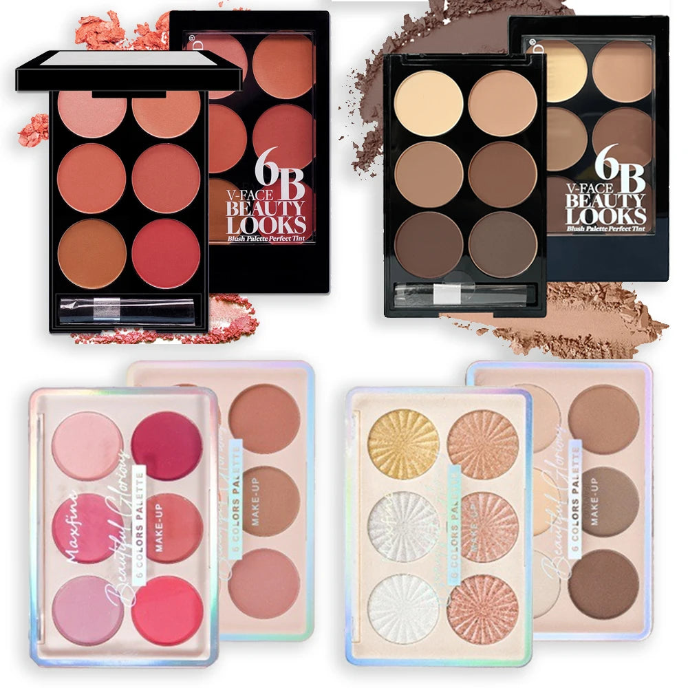 6-Color Blush and Contouring All-in-One Palette, Pearlescent Matte Powder Makeup Palette Glitter Highlighter Brighten Palette HIP