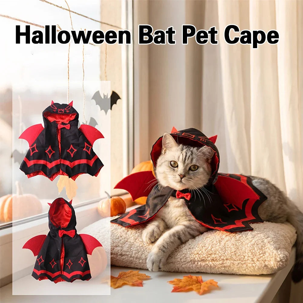 Adjustable Halloween Cat Devil Bat Cloak with Bow Tie Double Satin Red Wing Devil Pet Cape Dark Style Skin-friendly HIP