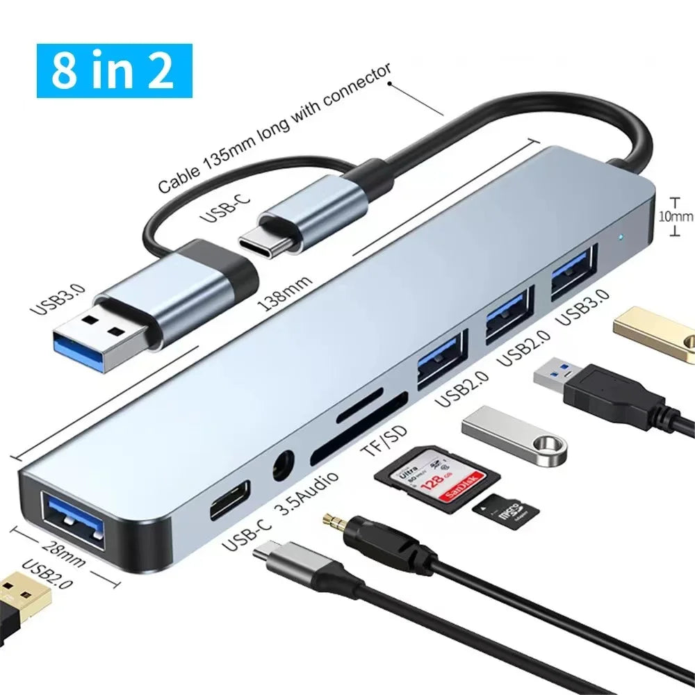 8-in-2 USB Hub – USB-C, USB 3.0, SD/TF Card Reader & Dock USB Hub Docking Station HIP