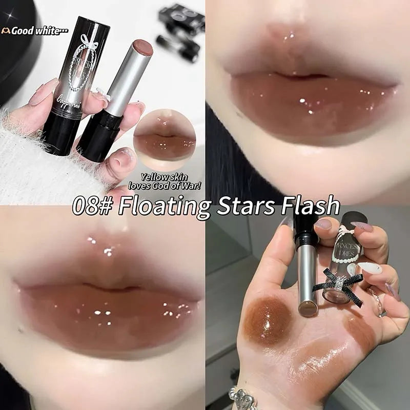 Caramel Brown Solid Lip Gloss Moisturizing Lace Bow Mirror Glass Jelly Lipstick Non Stick Cup Water Light Plump Lip Tint Makeup HIP 08