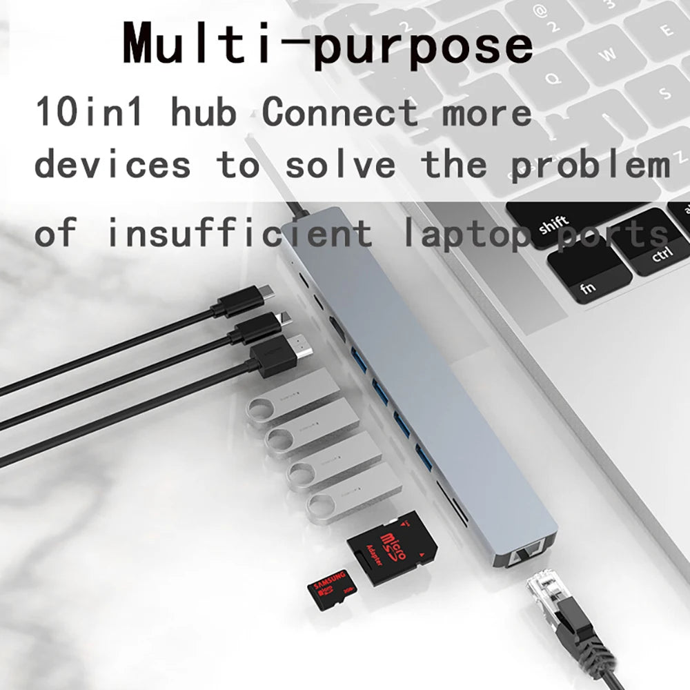OULLX 10-in-1 USB-C Hub – HDMI 4K, RJ45, PD 90W Dock USB-C Docking Station HIP