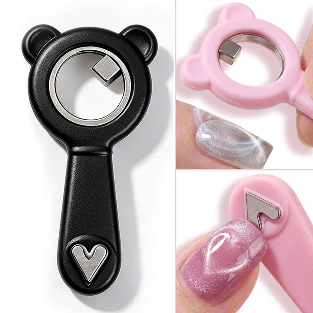 2-in-1 Hollow Cat Eye Nail Art Magnet Black Hole & Love Effect Bear Silicone Ring Circular Magnetic for DIY Gel Manicure Tools HIP Black-1Pc