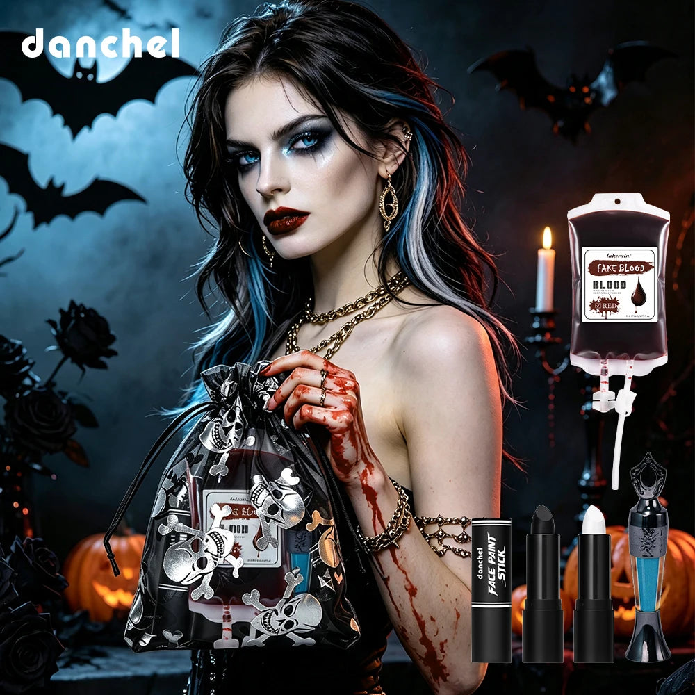 5pcs Halloween Cosplay Makeup Set Fake Blood Eyeliner Eye Shadow Pencil Black White Lipstick Long Lasting Face Cosmetic HIP set