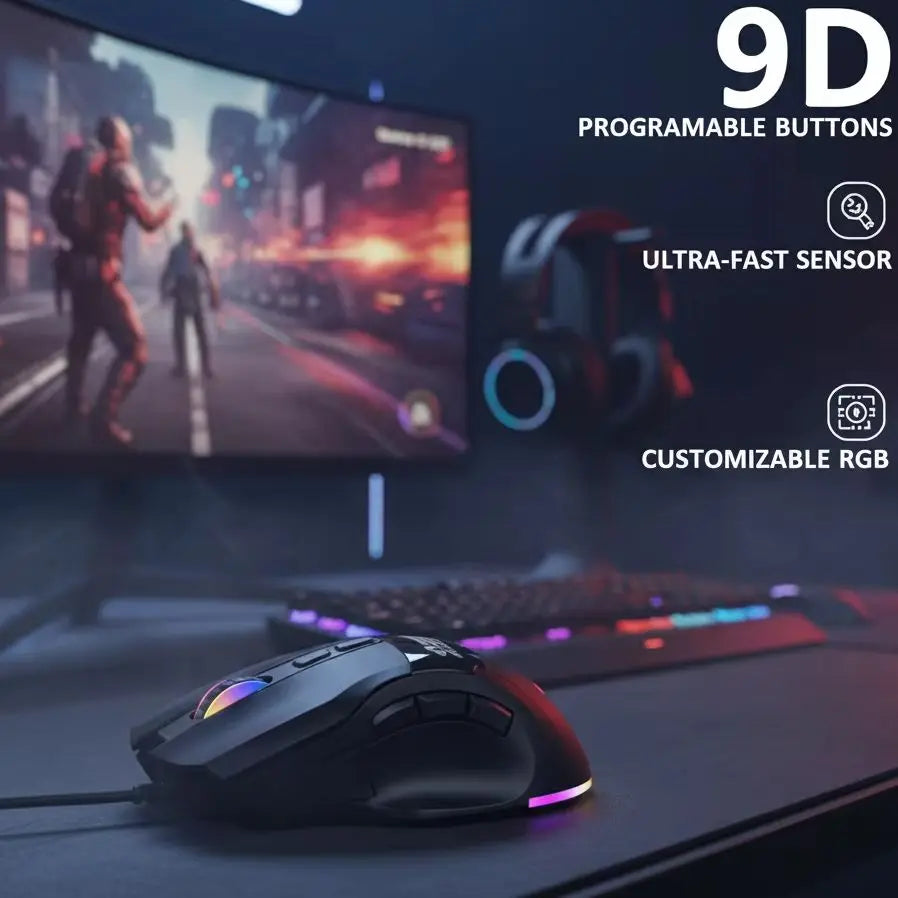 Programmable RGB Wired Gaming Mouse – 9 Buttons, 7200 DPI Wired Gaming Mouse HIP