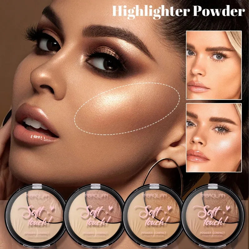 All-in-One Face Powder Highlighter 2 in 1 Setting Powder Luminous Glow Palette Waterproof Longwear Buildable Coverage Gym Travel HIP