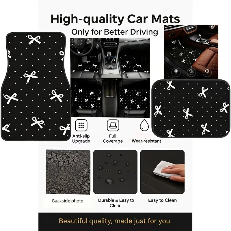 Set of 4 White Polka Dot Car Floor Mats with Bow | Non-Slip Car Floor Mats HIP