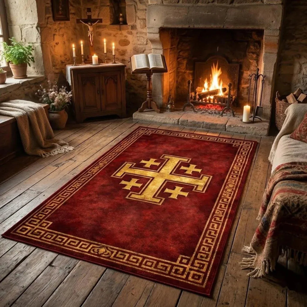 Jerusalem Cross Prayer Rug – Non-Slip Christian Floor Mat Religious Area Rug HIP 1 80X120cm-Felt
