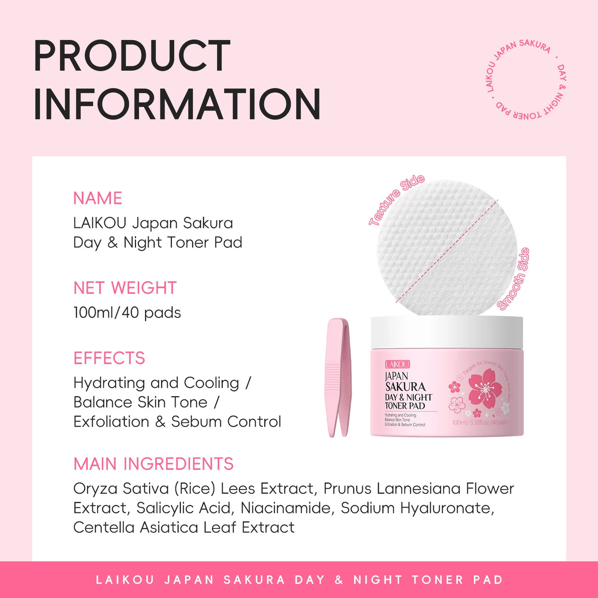 LAIKOU Sakura Toner Pads 40ct – Hydrate, Cleanse & Brighten Facial Toner Pads HIP