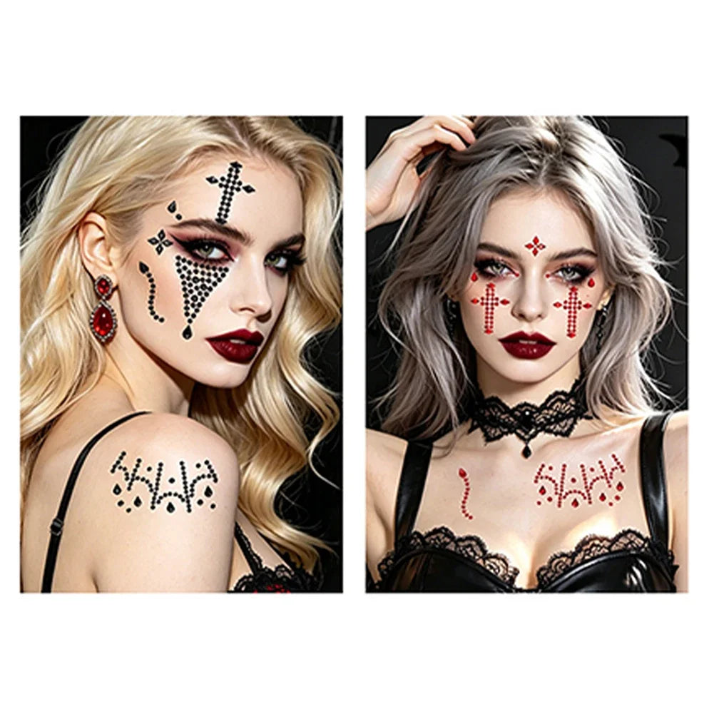 Self‑Adhesive Face Rhinestone Stickers Horror Cosplay Ornament Creative Halloween Red Black Spider Web Cross Scar Gem Decals HIP