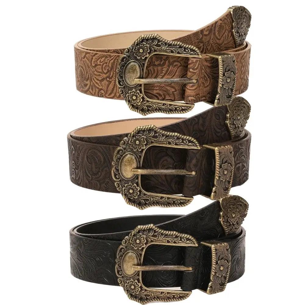Wide Western Cowboy Belt – PU Leather Vintage Buckle Unisex Fashion Belt HIP