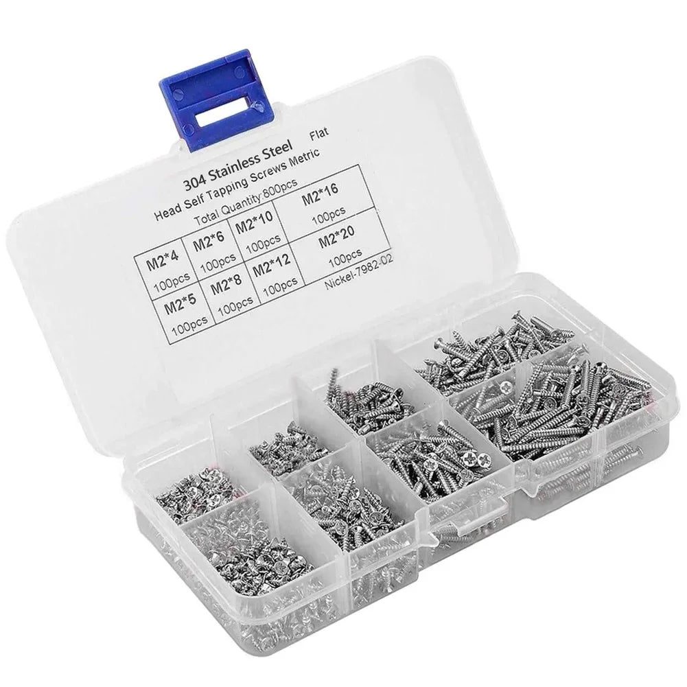 800PCS M2 Self Tapping Cross Screw Combination Kit Carbon Steel Countersunk Head Screws for Metal Plastic Wood DIY HIP