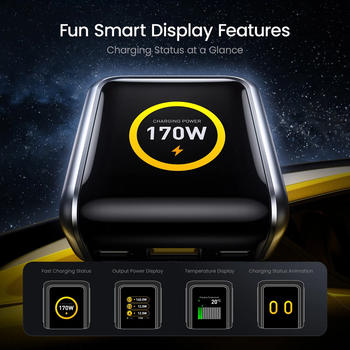 AOHI 170W 3-Port Fast Car Charger | PD 3.1 & LED Display Car Charger HIP