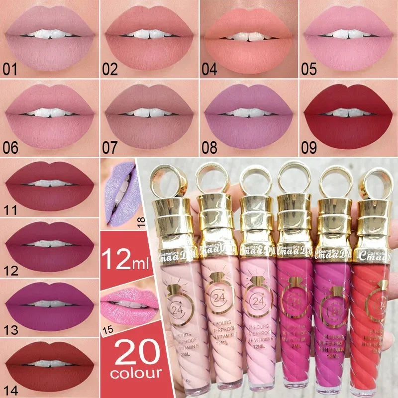 20 Colors Lipstick Waterproof Long Lasting Matte+Shimmer Mental Beauty Lip Gloss Nude Glitter Lip Gloss Beauty Sexy Lip Tint HIP