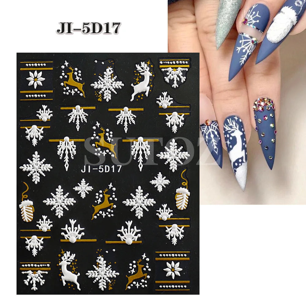 5D Embossed Santa Claus Gingerbread Man Elk Nail Art Stickers Christmas Cartoon Bear Snowman Tree Sliders New Year Xmas Decals HIP 17