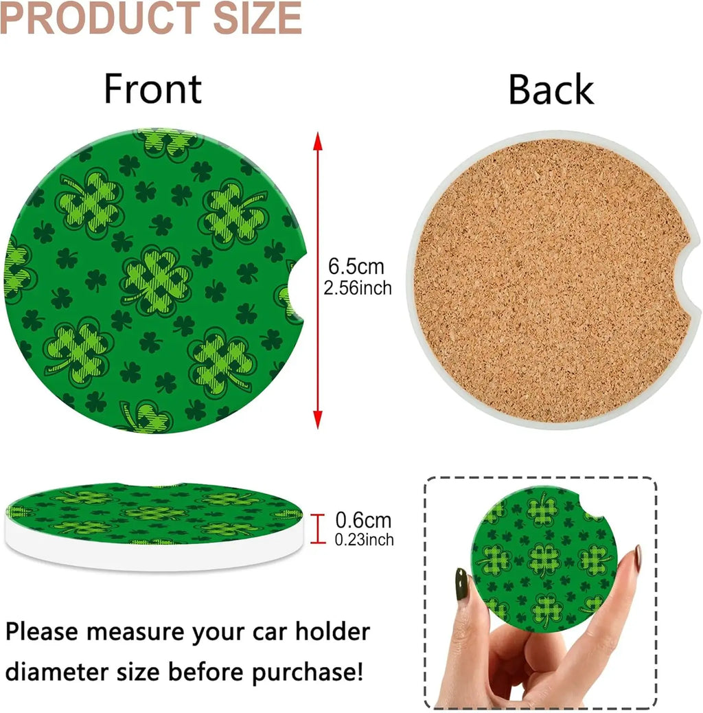 Green Plaid Clover Ceramic Car Cup Coasters – 2 Pack Car Cup Coaster HIP