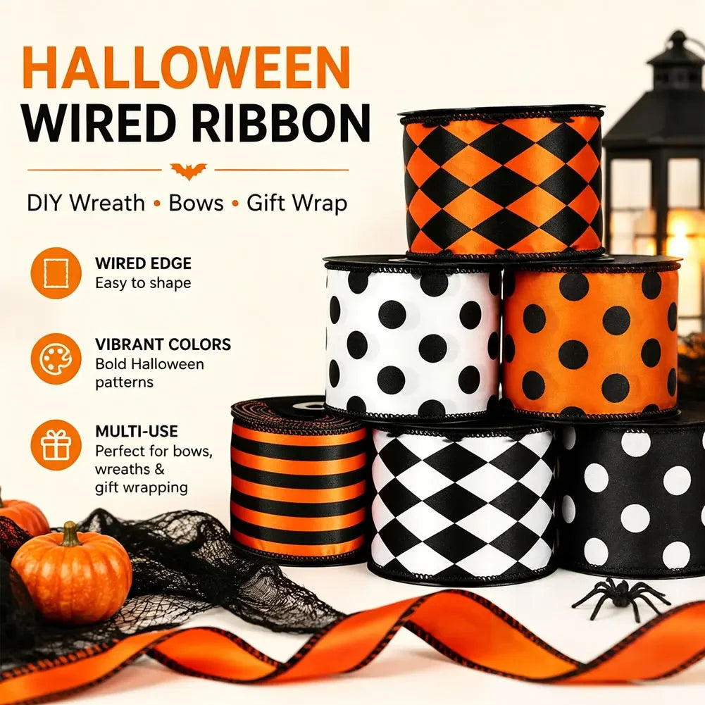 Classic Polka Dot Decorative Ribbon Halloween Stripe Diamond Grid Craft Ribbon Wreath Tree Gift Pack Festival Party Supplies HIP