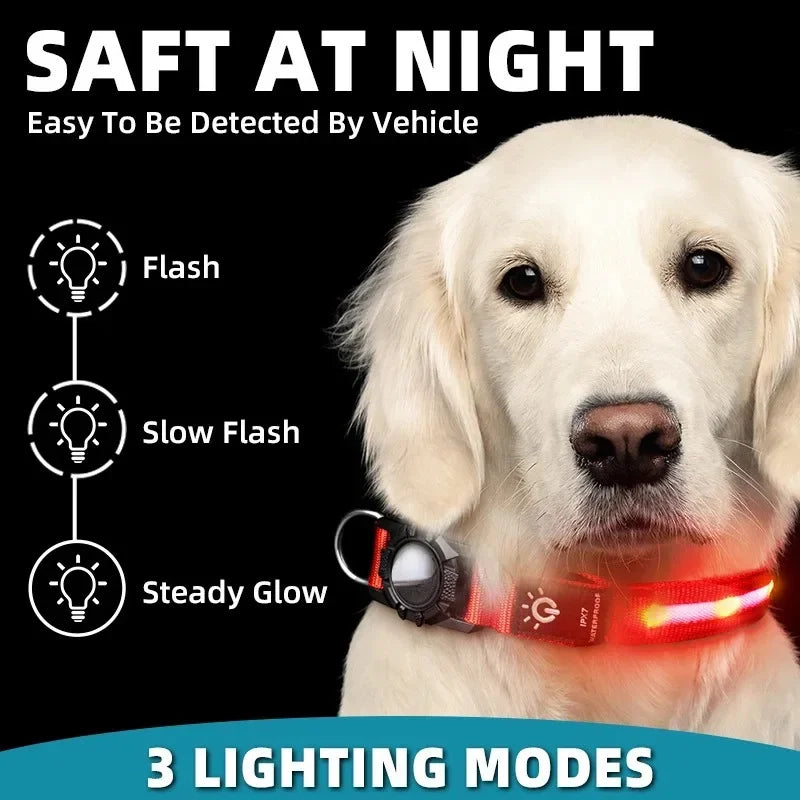 LED Light-Up Dog Collar with AirTag Cover | USB Rechargeable LED Dog Collar HIP